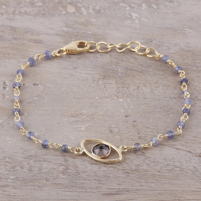 Gold plated smoky quartz and chalcedony pendant bracelet, 'All Eyes on You' - Gold Plated Smoky Quartz and Chalcedony Pendant Bracelet