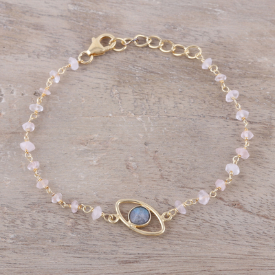 Gold plated labradorite and rose quartz pendant bracelet, 'All Eyes on You' - Gold Plated Labradorite and Rose Quartz Pendant Bracelet