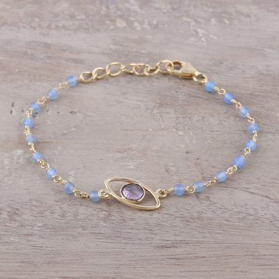 Gold plated amethyst and chalcedony pendant bracelet, 'All Eyes on You' - Gold Plated Amethyst and Chalcedony Pendant Bracelet