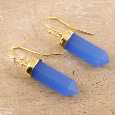 Gold accented chalcedony dangle earrings, 'Sky Blue Bullet' - Gold Accented 30-Carat Chalcedony Dangle Earrings from India
