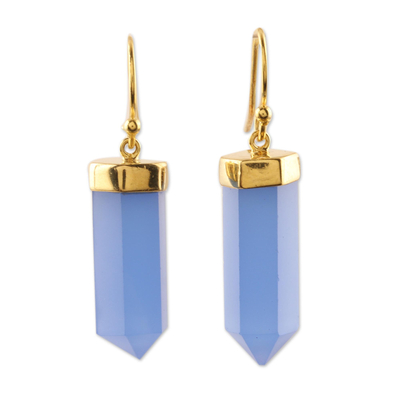 Gold accented chalcedony dangle earrings, 'Sky Blue Bullet' - Gold Accented 30-Carat Chalcedony Dangle Earrings from India