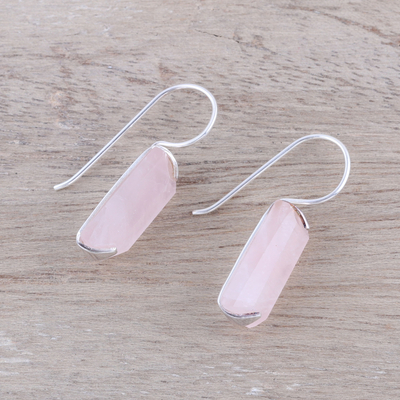 Rose quartz drop earrings, 'Beautiful Pink' - 12-Carat Rose Quartz Drop Earrings from India