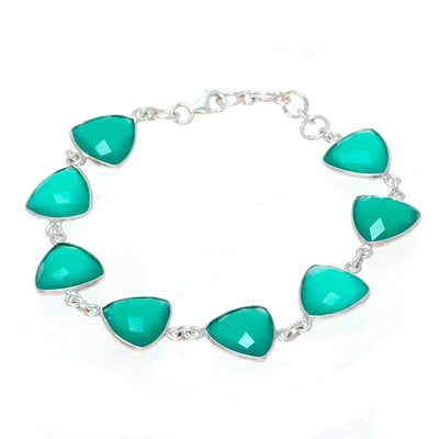 Onyx link bracelet, 'Triangle Dazzle' - 32-Carat Green Onyx Link Bracelet from India