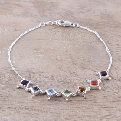 Multi-gemstone link bracelet, 'Wellness' - Multi-Gemstone Chakra Bracelet from India