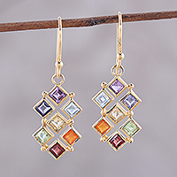 Gold plated multi-gemstone dangle earrings, 'Wellness' - Gold-Plated Multi-Gemstone Chakra Earrings from India