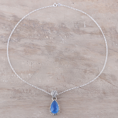 Chalcedony pendant necklace, 'Blue Mist' - Teardrop Chalcedony Pendant Necklace in Blue from India