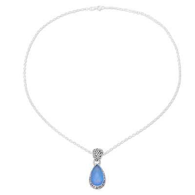 Chalcedony pendant necklace, 'Blue Mist' - Teardrop Chalcedony Pendant Necklace in Blue from India