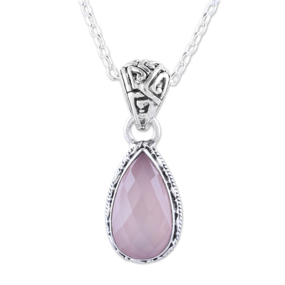 Chalcedony pendant necklace, 'Soft Pink Mist' - Teardrop Chalcedony Pendant Necklace in Pink from India
