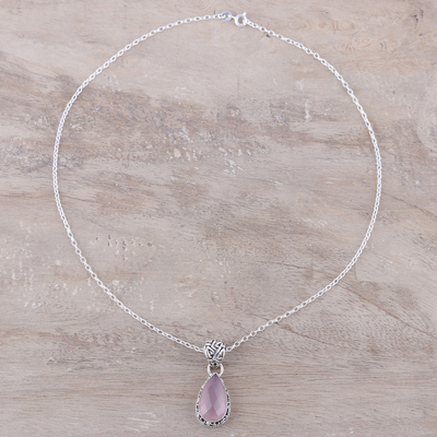 Chalcedony pendant necklace, 'Soft Pink Mist' - Teardrop Chalcedony Pendant Necklace in Pink from India