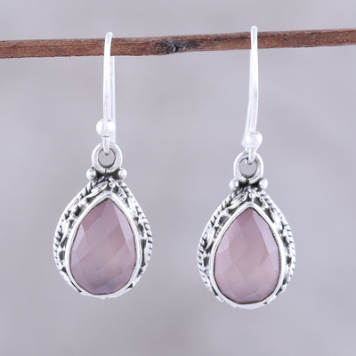 Chalcedony dangle earrings, 'Soft Pink Mist' - Teardrop Chalcedony Dangle Earrings in Pink from India