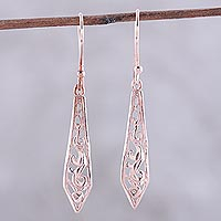 Rose gold plated sterling silver dangle earrings, 'Sword of Delhi'