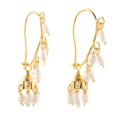Gold plated cultured pearl chandelier earrings, 'Pearl Melody' - Gold Plated Cultured Pearl Chandelier Earrings from India