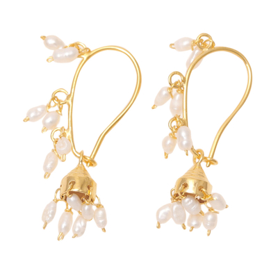 Gold plated cultured pearl chandelier earrings, 'Pearl Melody' - Gold Plated Cultured Pearl Chandelier Earrings from India