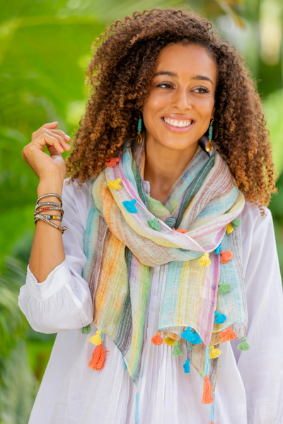 Linen shawl, 'Delightful Stripes in Rainbow' - Lightweight Rainbow Striped Linen Shawl from India