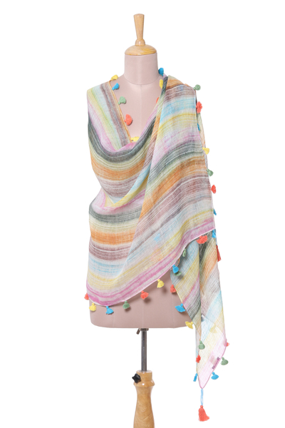 Linen shawl, 'Delightful Stripes in Rainbow' - Lightweight Rainbow Striped Linen Shawl from India