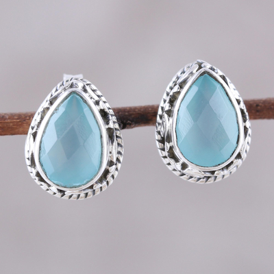 Chalcedony stud earrings, 'Sky Mist' - Sky Blue Chalcedony Teardrop Stud Earrings from India