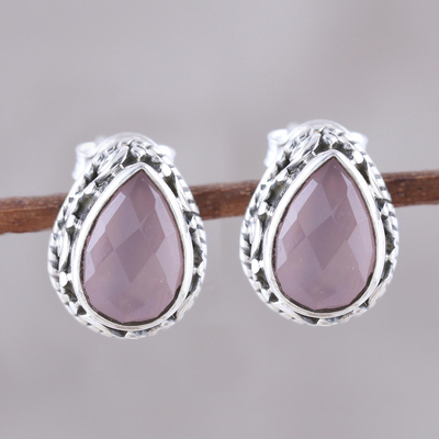 Chalcedony stud earrings, 'Soft Pink Mist' - Soft Pink Chalcedony Teardrop Stud Earrings from India