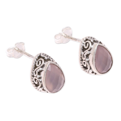 Chalcedony stud earrings, 'Soft Pink Mist' - Soft Pink Chalcedony Teardrop Stud Earrings from India