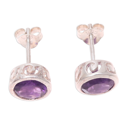 Amethyst stud earrings, 'Spark of Life' - Faceted Amethyst Stud Earrings from India