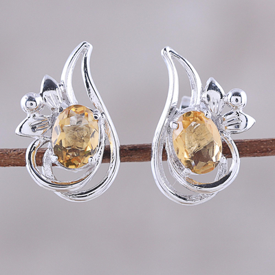 Rhodium plated citrine button earrings, 'Classic Paisley' - Rhodium Plated Citrine Paisley Button Earrings from India