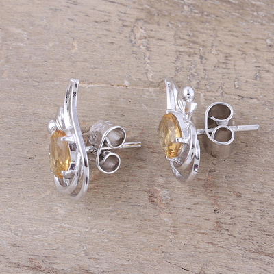 Rhodium plated citrine button earrings, 'Classic Paisley' - Rhodium Plated Citrine Paisley Button Earrings from India