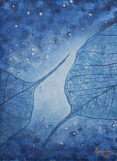 'Dew' - Signed Expressionist Painting of Leaves in Blue from India