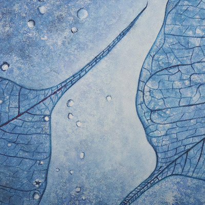 'Dew' - Signed Expressionist Painting of Leaves in Blue from India