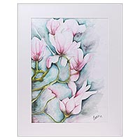 'Cherry Blossom' - Signed Realist Painting of Cherry Blossoms from India