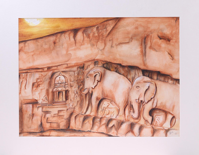 'Marching Elephants' - Signiertes expressionistisches Gemälde von Elefanten aus Indien