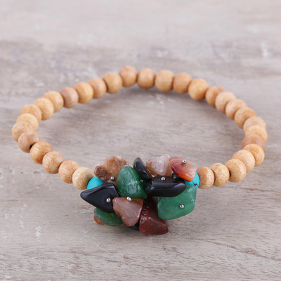 Agate and wood beaded stretch bracelet, 'Natural Mystery in Multi' - Multicolored Agate and Wood Beaded Bracelet