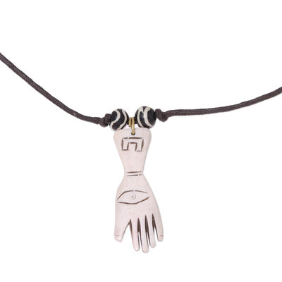 Bone pendant necklace, 'Iconic Hamsa' - Handcrafted Hamsa Pendant Necklace Made from Buffalo Bone