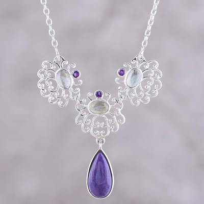 Multi-gemstone pendant necklace, 'Harmonious Purple Trio' - Amethyst Labradorite and Charoite Sterling Pendant Necklace