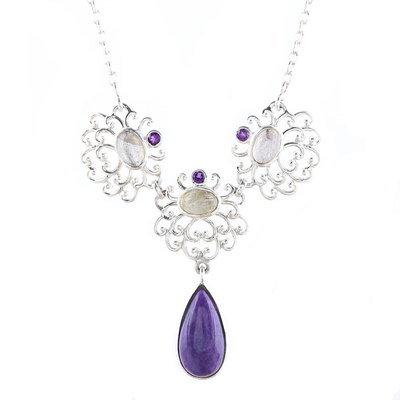 Multi-gemstone pendant necklace, 'Harmonious Purple Trio' - Amethyst Labradorite and Charoite Sterling Pendant Necklace