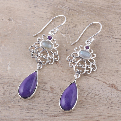 Multi-gemstone dangle earrings, 'Harmonious Purple Trio' - Amethyst Labradorite and Charoite Sterling Dangle Earrings