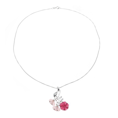 collar con colgante de cuarzo - Collar con colgante floral de cuarzo rosa y plata de ley