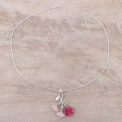 Halskette mit Quarzanhänger - Halskette mit Anhänger aus floralem Rosenquarz und Sterlingsilber