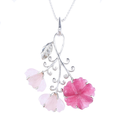 Quartz pendant necklace, 'Fascinating Pink Blossoms' - Floral Pink Quartz and Sterling Silver Pendant Necklace