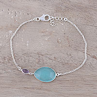 Chalcedony and amethyst pendant bracelet, 'Crystal Shimmer' - Sterling Silver Chalcedony and Amethyst Pendant Bracelet