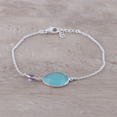 Chalcedony and amethyst pendant bracelet, 'Crystal Shimmer' - Sterling Silver Chalcedony and Amethyst Pendant Bracelet