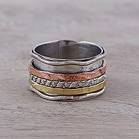 Copper and brass accented sterling silver spinner ring, 'Spinning Trio'