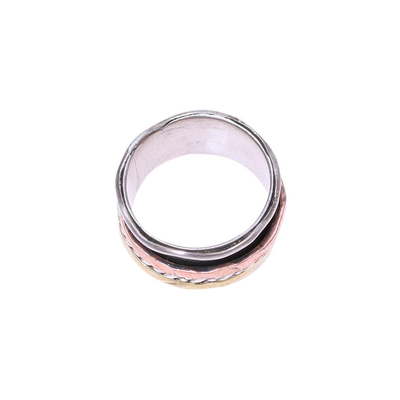 Copper and brass accented sterling silver spinner ring, 'Spinning Trio' - Handcrafted Sterling Silver Copper and Brass Meditation Ring