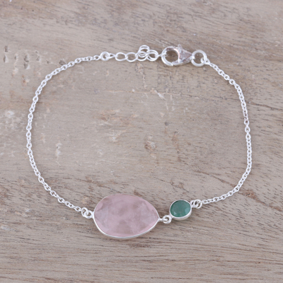Silver bracelet and pink quartz square face