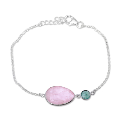 Rose quartz and aventurine pendant bracelet, 'Crystal Shimmer' - Sterling Silver Rose Quartz and Aventurine Pendant Bracelet