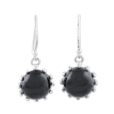 Onyx dangle earrings, 'Darkest Bloom' - Round Sterling Silver and Onyx Dangle Earrings from India