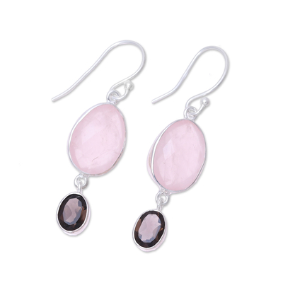 Rose quartz and smoky quartz dangle earrings, 'Pretty Pairing' - Rose Quartz and Smoky Quartz Dangle Earrings from India