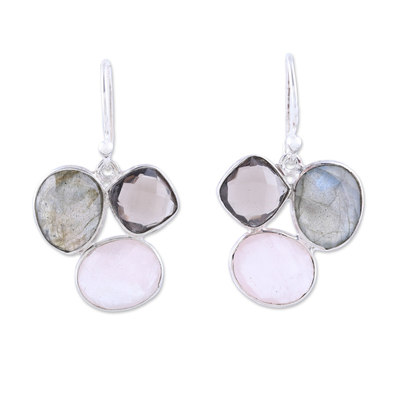 Multi-gemstone dangle earrings, 'Enchanting Trinity' - Multi-Gemstone Sterling Silver Dangle Earrings from India