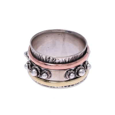 Copper and brass accented sterling silver spinner ring, 'Classic Bloom' - Handcrafted Sterling Silver Spinner Ring from India