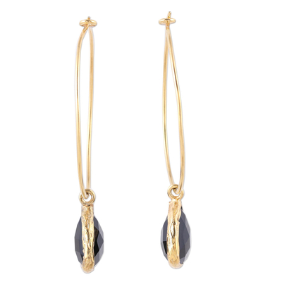 Gold plated onyx dangle hoop earrings, 'Elegant Embrace' - 18k Gold Plated Onyx Hoop Dangle Earrings from India
