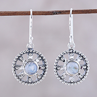 Rainbow moonstone dangle earrings, 'Wheels of Heaven' - Sterling Silver and Rainbow Moonstone Wheel Dangle Earrings