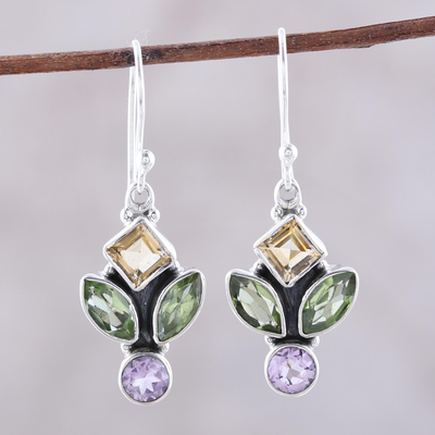 Multi-gemstone dangle earrings, 'Sparkling Unity' - Multi-Gemstone Dangle Earrings from India